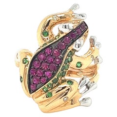 18K Rose Gold Ruby & Green Garnet Frog Ring with Diamonds