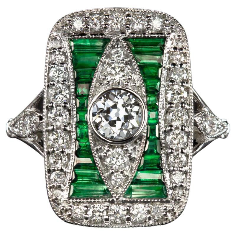 Art Deco Style Green Emeralds Old Mine Cut Diamond Cocktail Ring For Sale