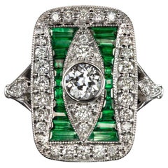 Art Deco Style Green Emeralds Old Mine Cut Diamond Cocktail Ring
