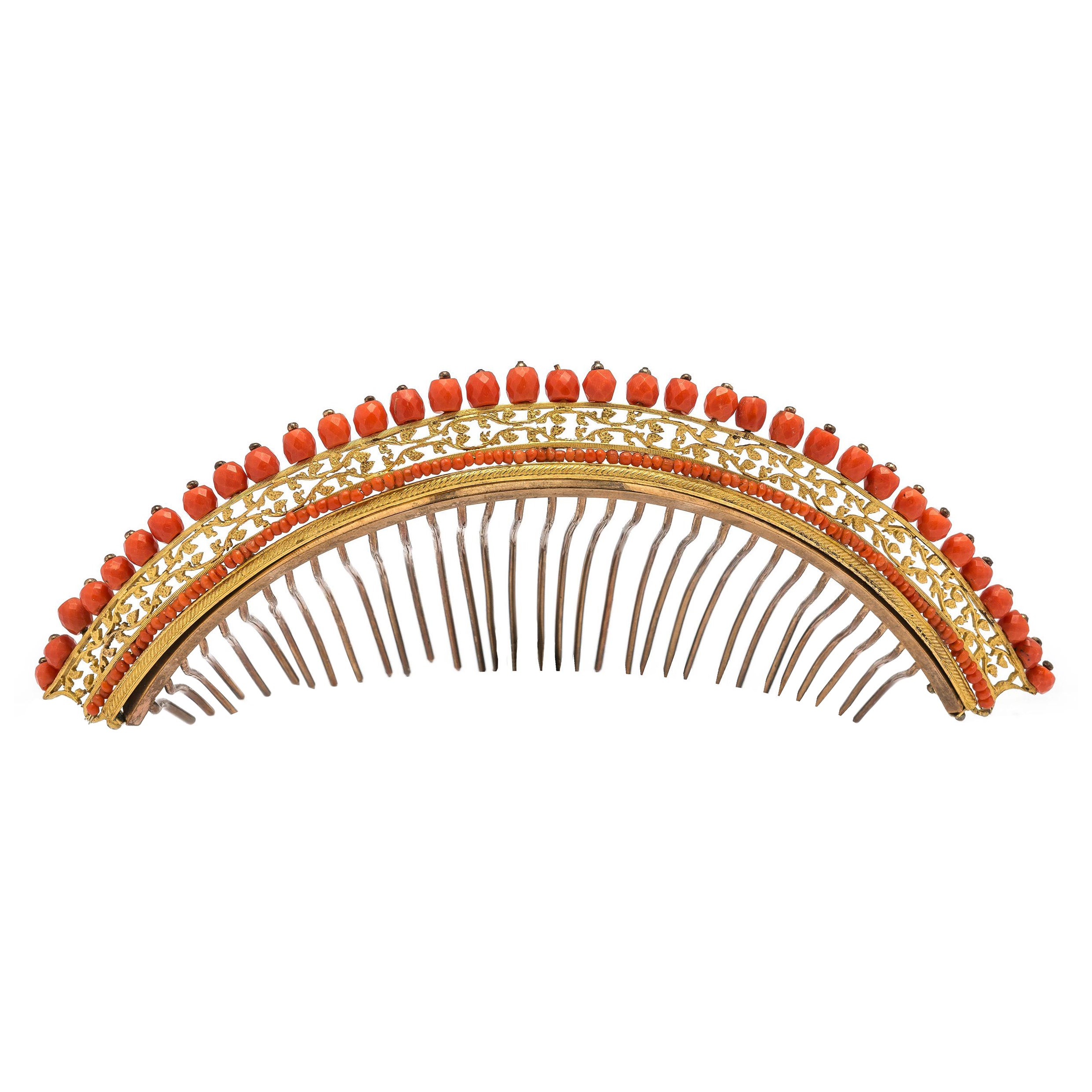 Antique Empire Tiara Comb Head Ornament Corallium Rubrum  Fire Gilt Metall   