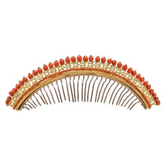 Antique Empire Tiara Comb Head Ornament Corallium Rubrum  Fire Gilt Metall