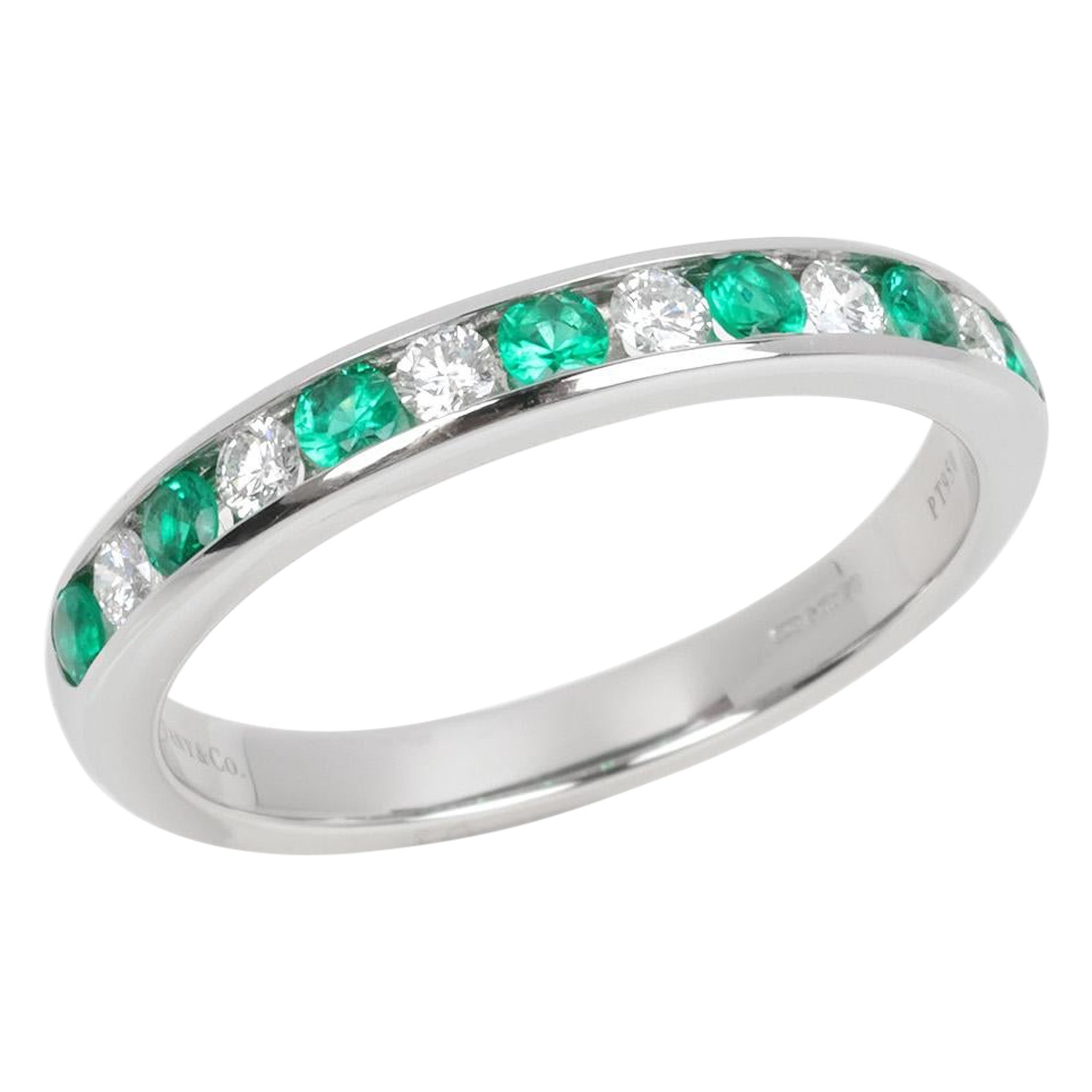 Tiffany & Co. Brilliant Cut Emerald And Diamond Platinum Half Eternity Ring