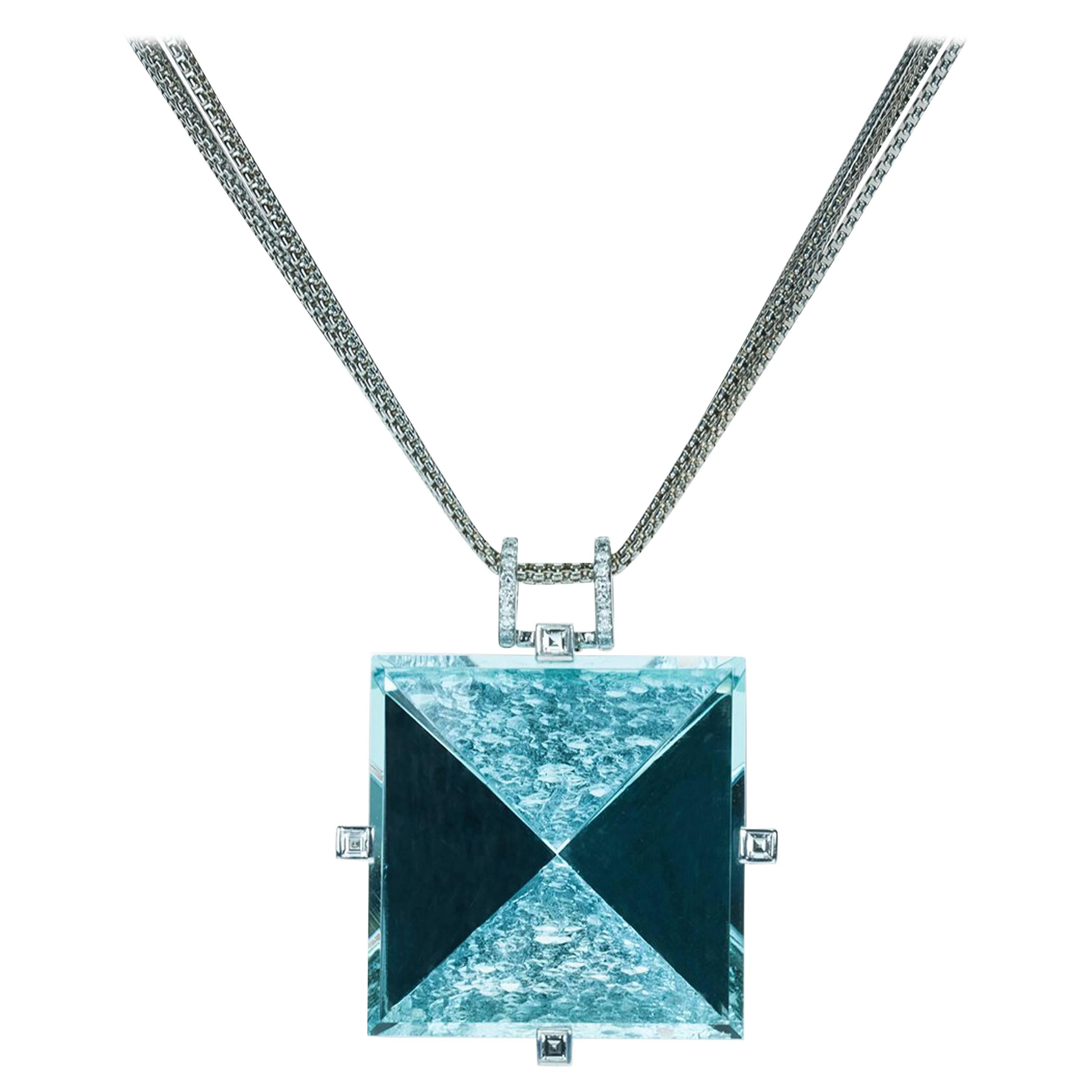 Samuel Getz Extraordinary Mirror Rough Cut Aquamarine Diamond Gold Pendant For Sale