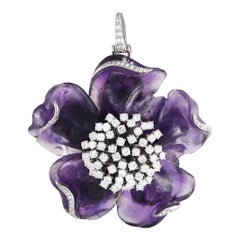Andrew Clunn 18K White Gold 4.5 ct Diamond and Amethyst Flower Pendant Brooch