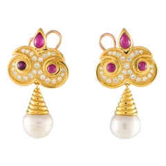 18K Yellow Gold 1.15ct Diamond, Ruby, and Pearl Drop Earrings