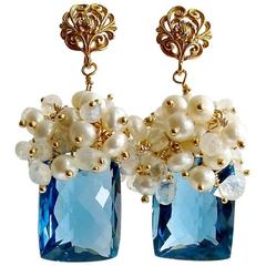 London Blue Topaz Seed Pearls Moonstone Gold Cluster Earrings 