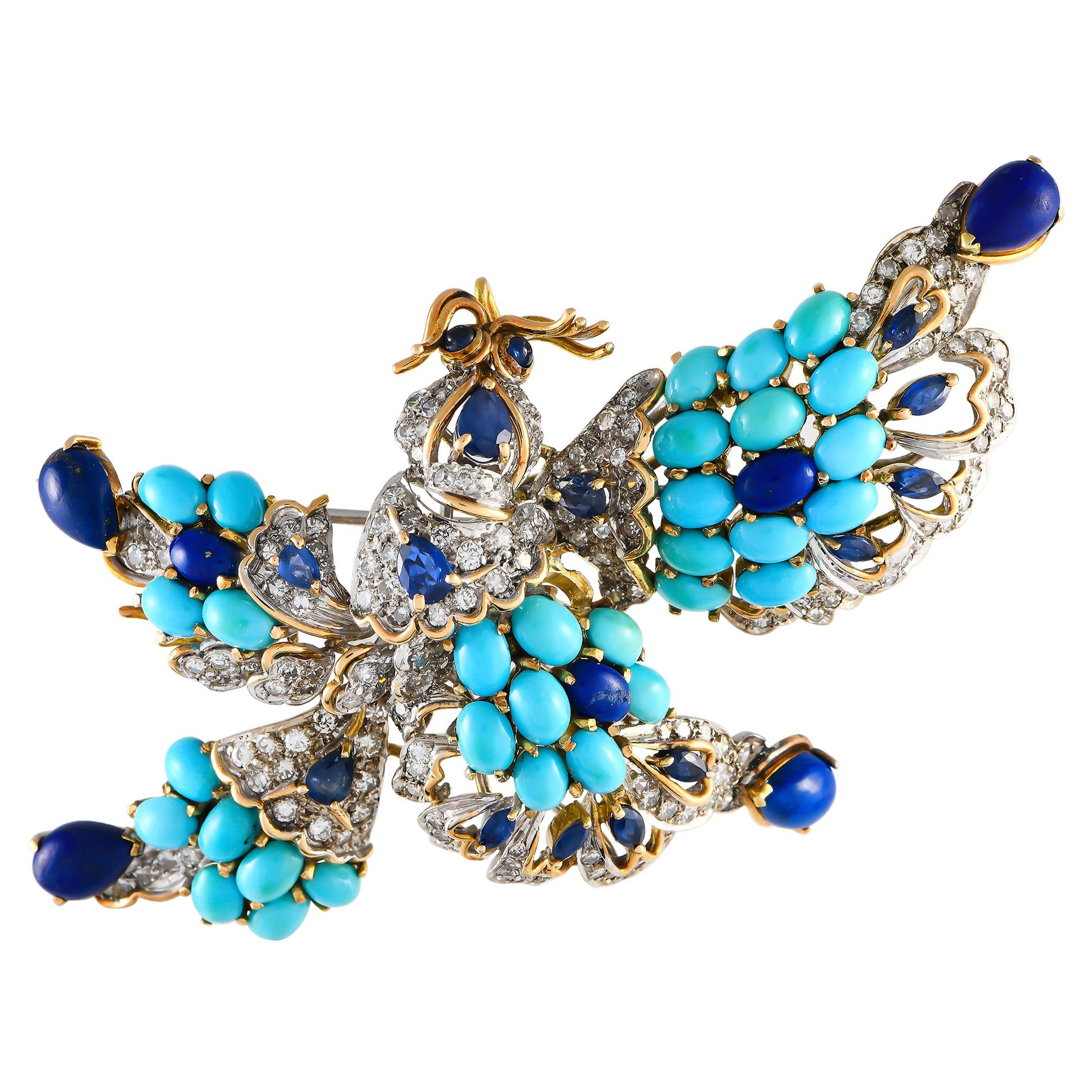 14K White and Yellow Gold 4.06ct Diamond, Lapis, and Turquoise Brooch