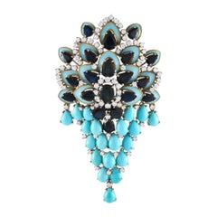 18K Yellow Gold 7.0 ct Diamond, 25.0 ct Sapphire, and Turquoise Brooch