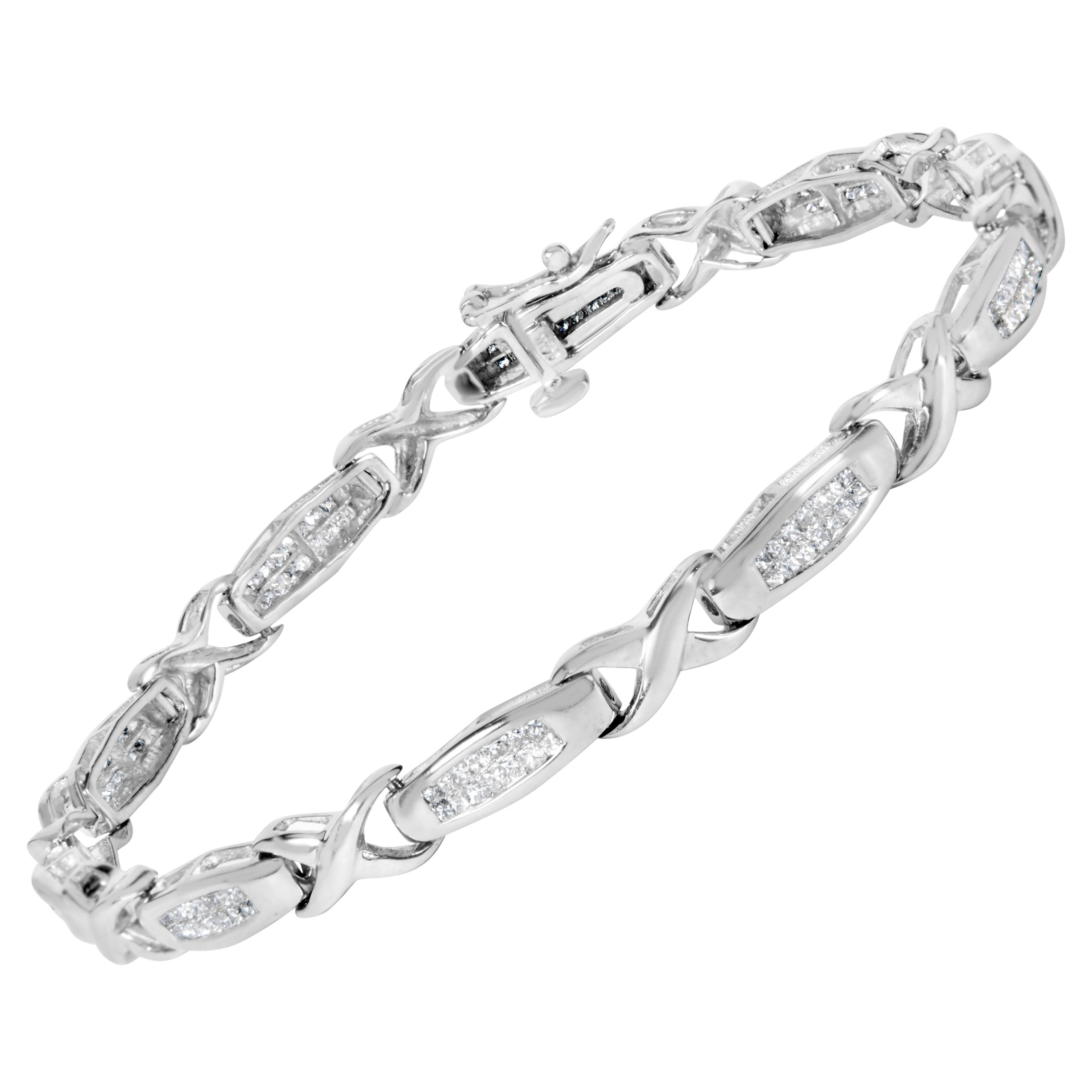 14K White Gold 1.0 Cttw Invisible-Set Princess Diamond Tennis Bracelet- 7"
