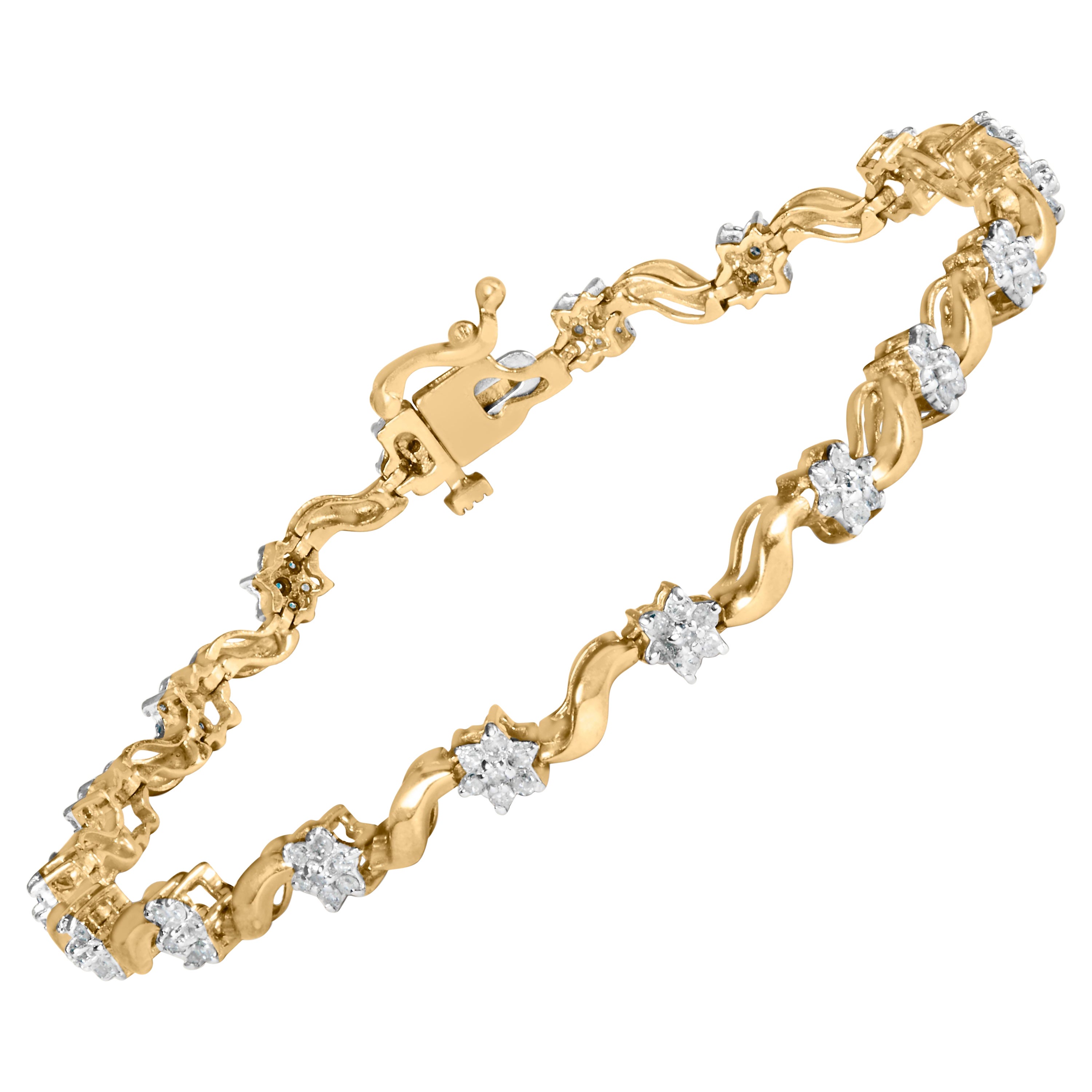 10k Yellow Gold 1.00 Cttw Round-Cut Diamond Floral S-Link 7.50" Bracelet For Sale