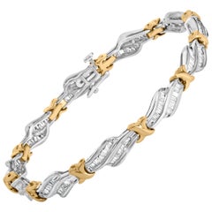 10k Two-Toned Gold 2.00 Cttw Baguette-Diamond Weave and "X" Spiral Link Bracelet