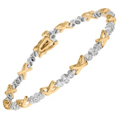 Or 10K bicolore 1/2 Cttw Diamond Alternating 3 Stone and X-Link 7" Gold