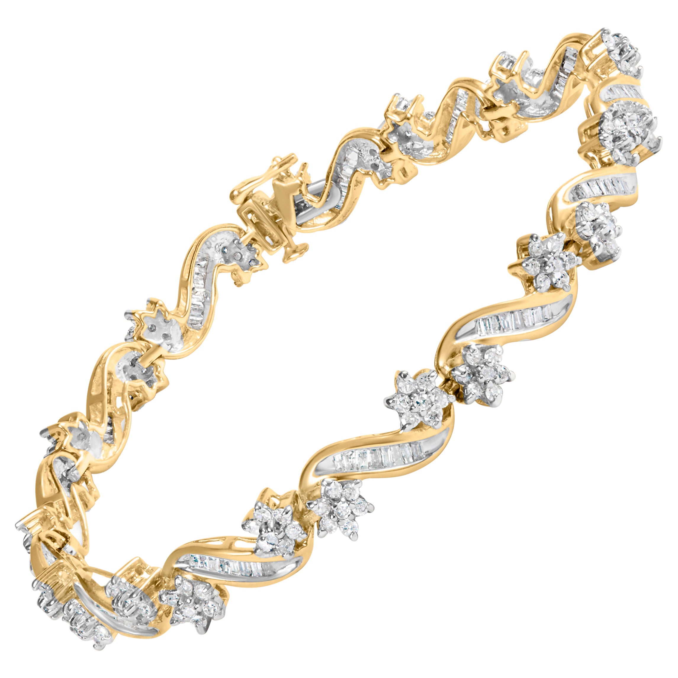 10k Gelbgold 3,00 Cttw Rundschliff und Baguette-Schliff Floral Link 7,25" Armband im Angebot