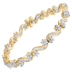 10k Yellow Gold 3.00 Cttw Round-Cut and Baguette-Cut Floral Link 7.25" Bracelet