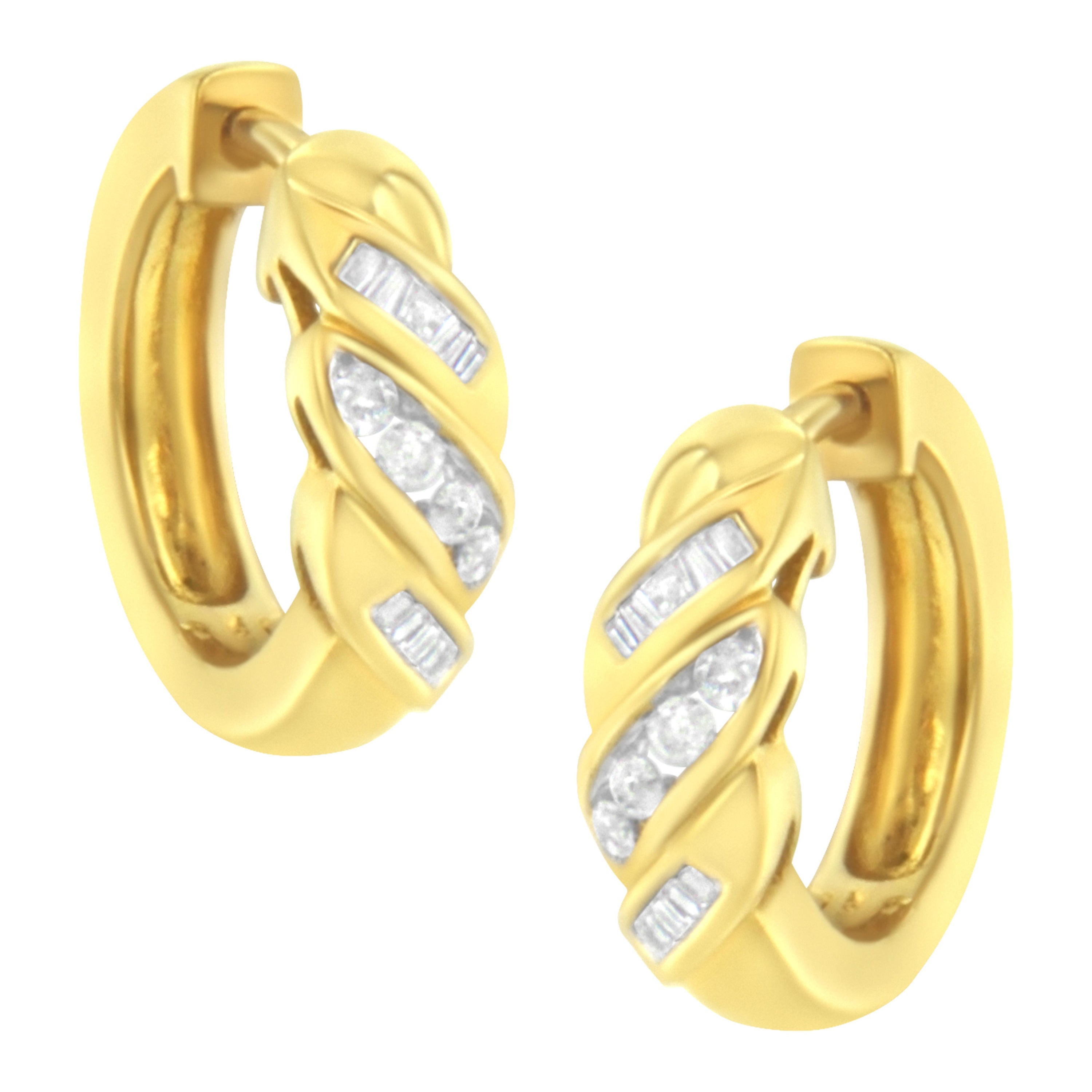 14K Yellow Gold 1/4 Cttw Alternating 3 Row Diamond Huggy Hoop Earrings