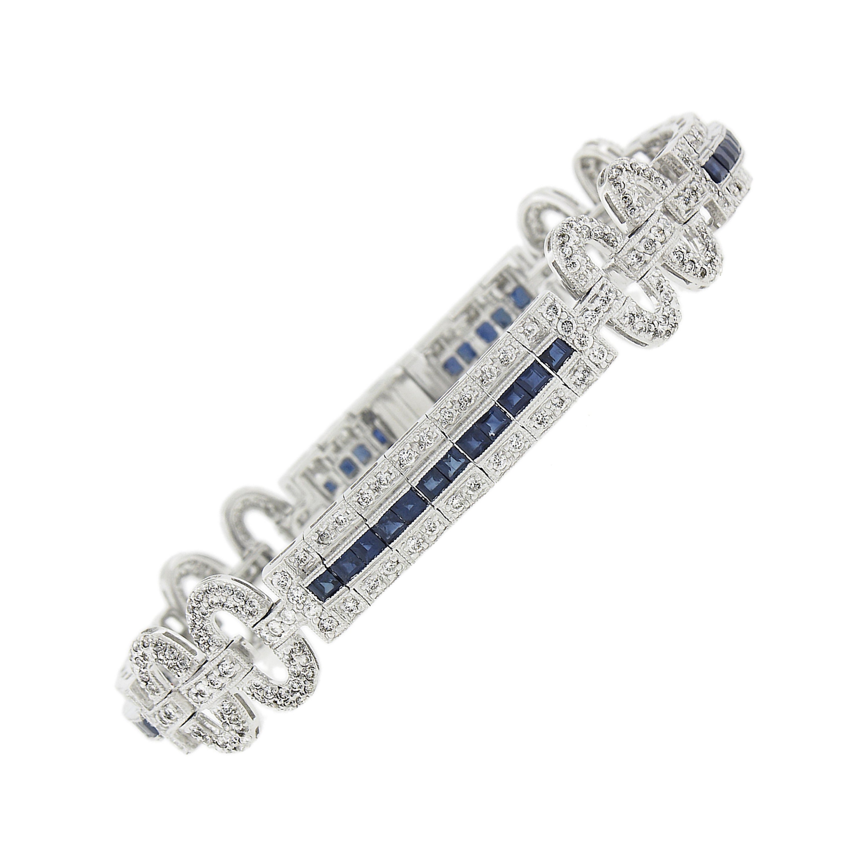18k White Gold 2ctw Diamond W/ Royal Blue Sapphire Buckle Style Strap Bracelet For Sale