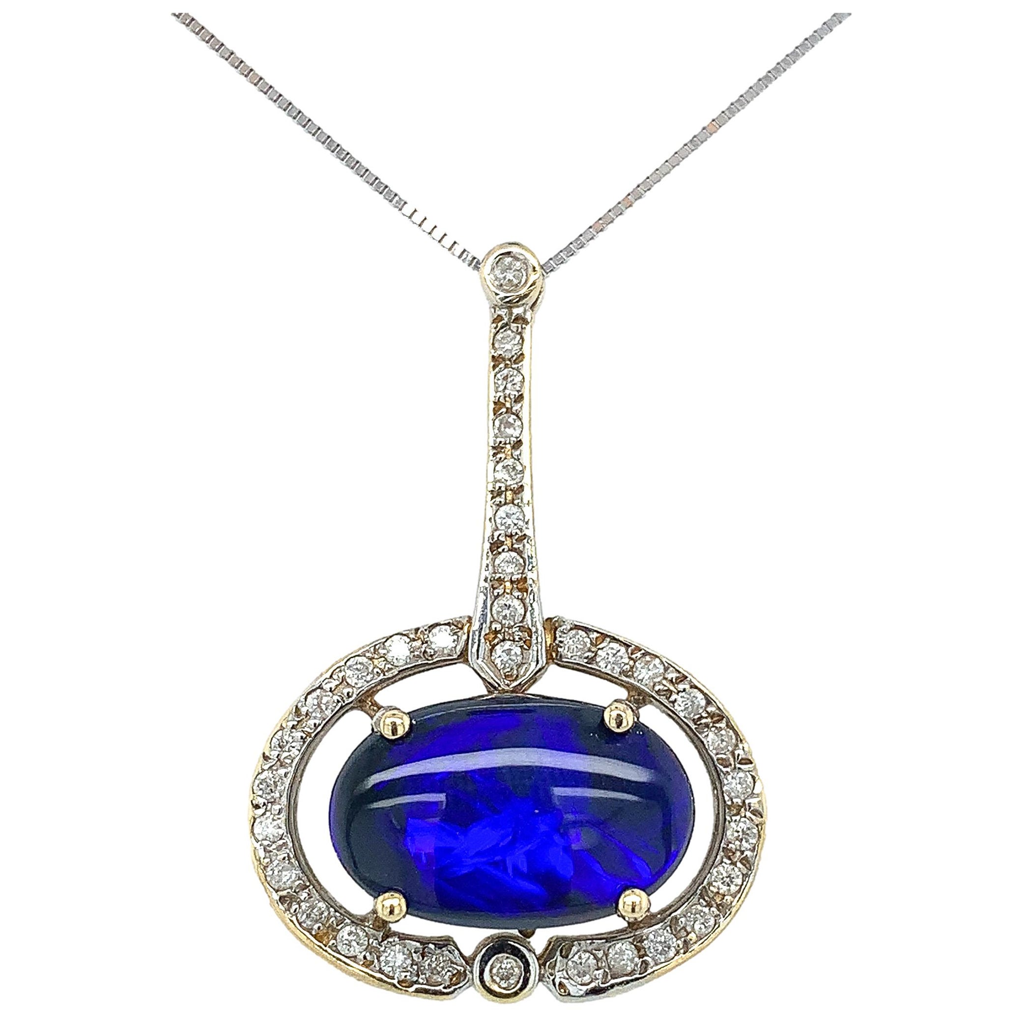 14K Black Opal and Diamond Pendant with GIA Report