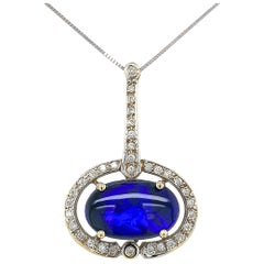 Retro 14K Black Opal and Diamond Pendant with GIA Report