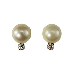 14 Karat Yellow Gold Pearl and Diamond Stud Earrings #17587