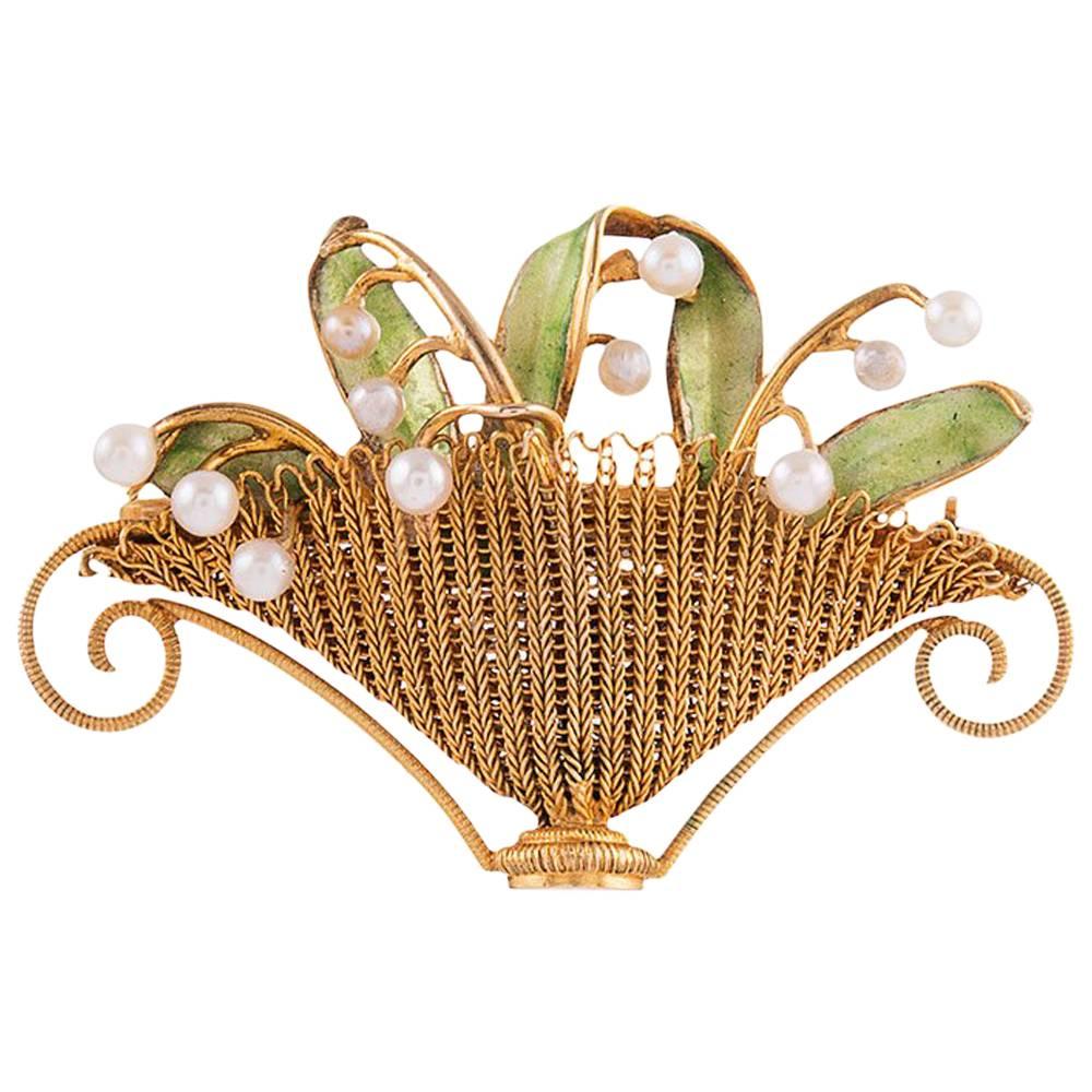 Art Nouveau Enamel Pearl Gold Basket Pin