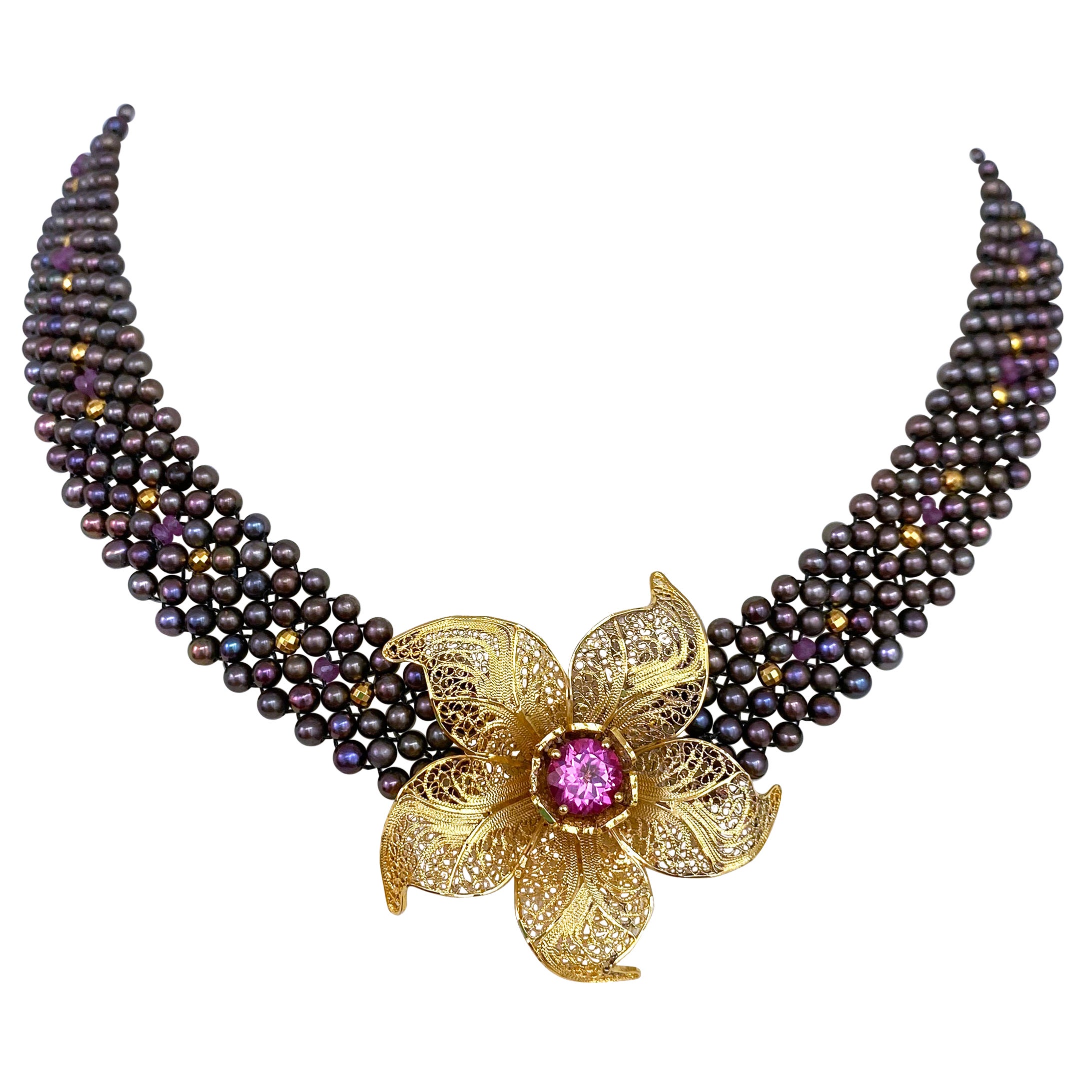 Black Pearl, Pink Topaz & Gold Floral Centerpiece Necklace