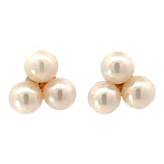 Vintage 3 Cultured Pearl Stud Earrings 10K Yellow Gold