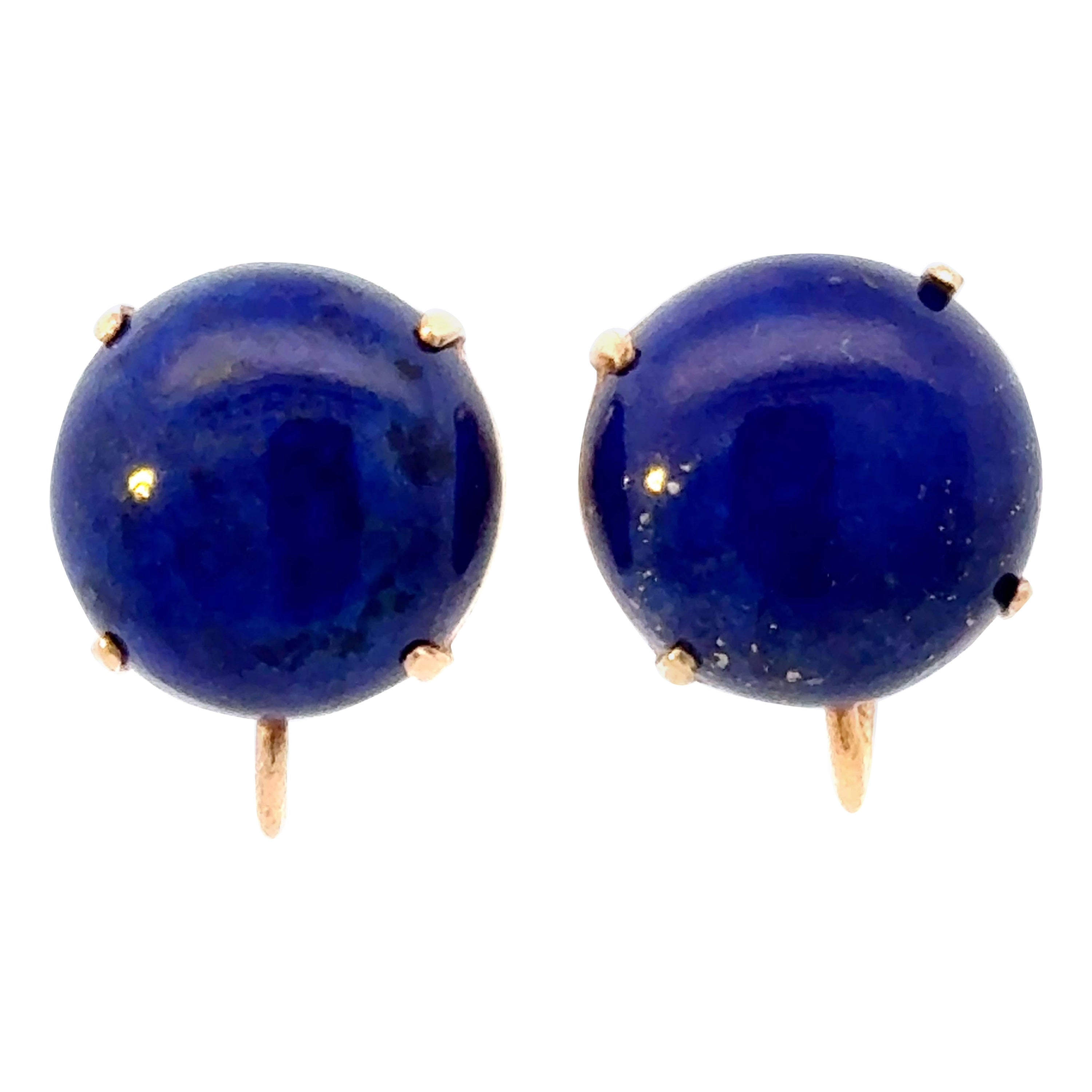 Runde Cabochon-Lapislazuli-Ohrringe aus 14 Karat Gelbgold