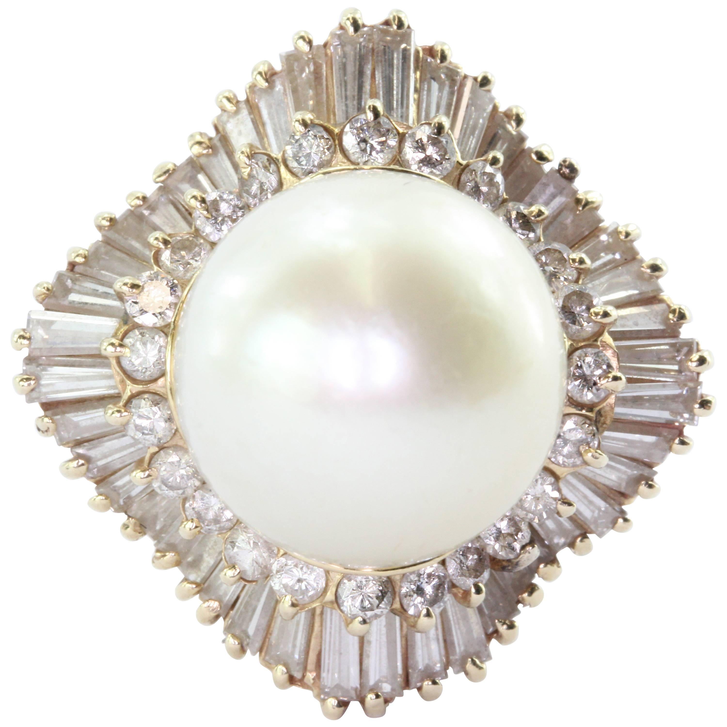 Large Round Cream Rose Pearl Diamond Gold Halo Ring 