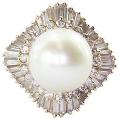 Large Round Cream Rose Pearl Diamond Gold Halo Ring 9