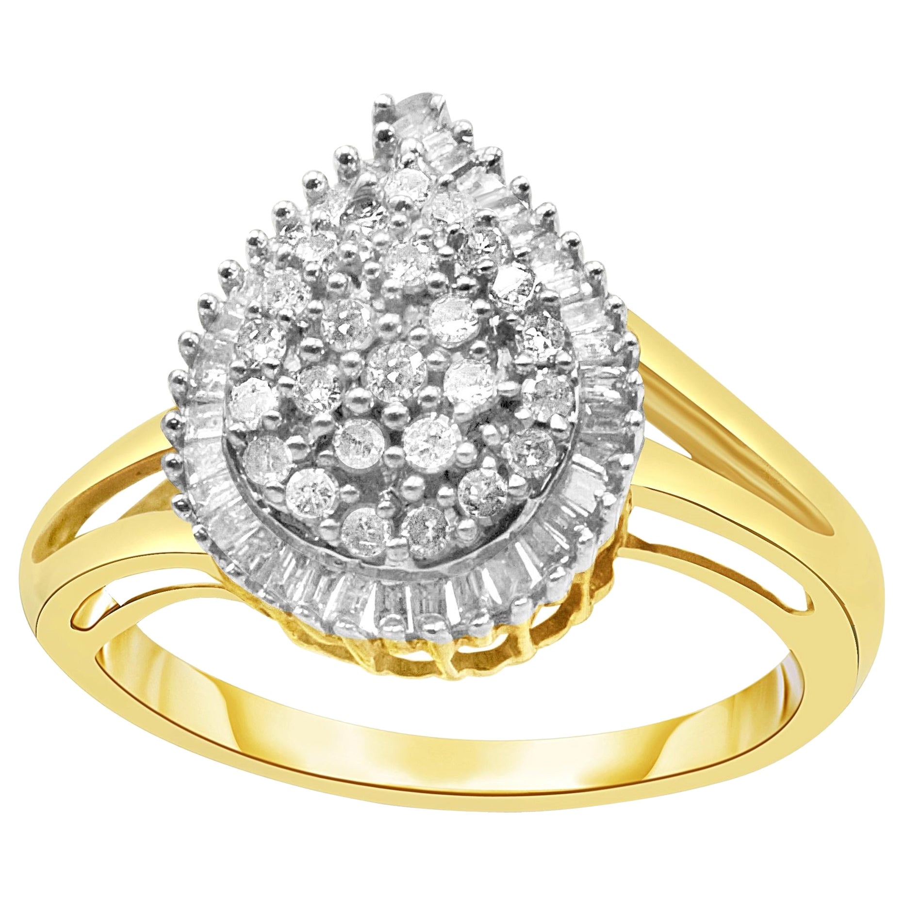 10K Yellow Gold 1/2 Cttw Round and Baguette-Cut Diamond Pear Ring- Size 7 For Sale