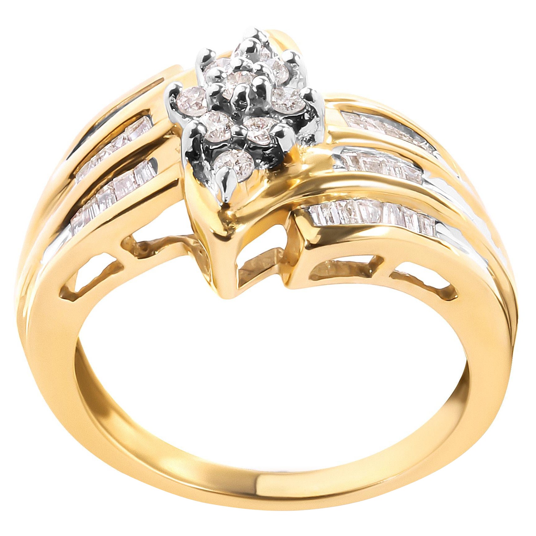 10K Yellow Gold 1/2 Cttw Diamond Cluster Head and Channel Set Shank Ring