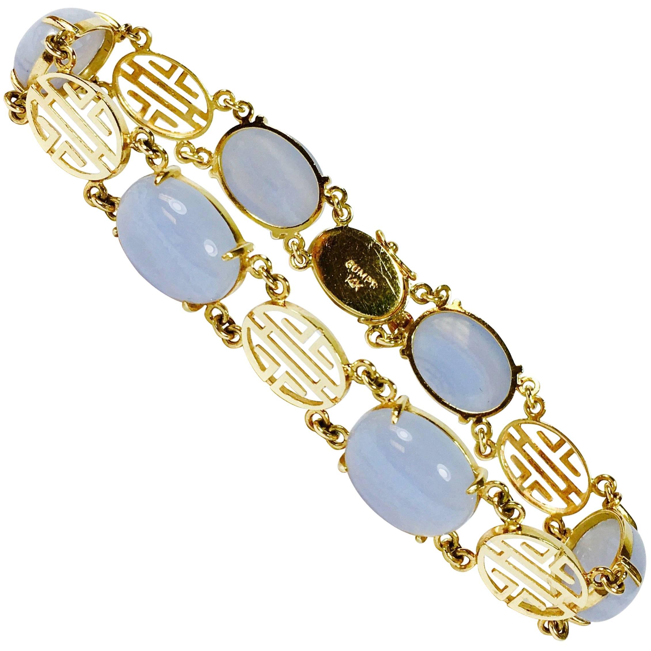 Gump's San Francisco Blue Lace Agate Cabochon Gold Bracelet