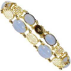 Vintage Gump's San Francisco Blue Lace Agate Cabochon Gold Bracelet