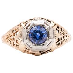 Art Deco Sapphire Gold Platinum Heart Motif Filigree Ring