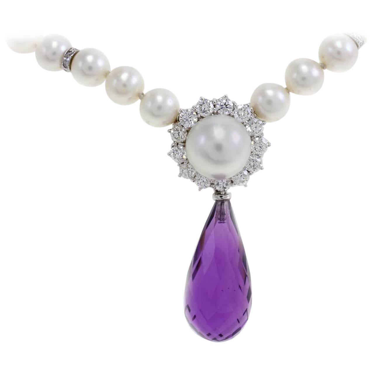 Amethysts Diamonds Pearl Gold Necklace