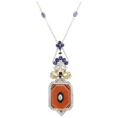 Coral Onyx Sapphires Diamonds Gold Necklace