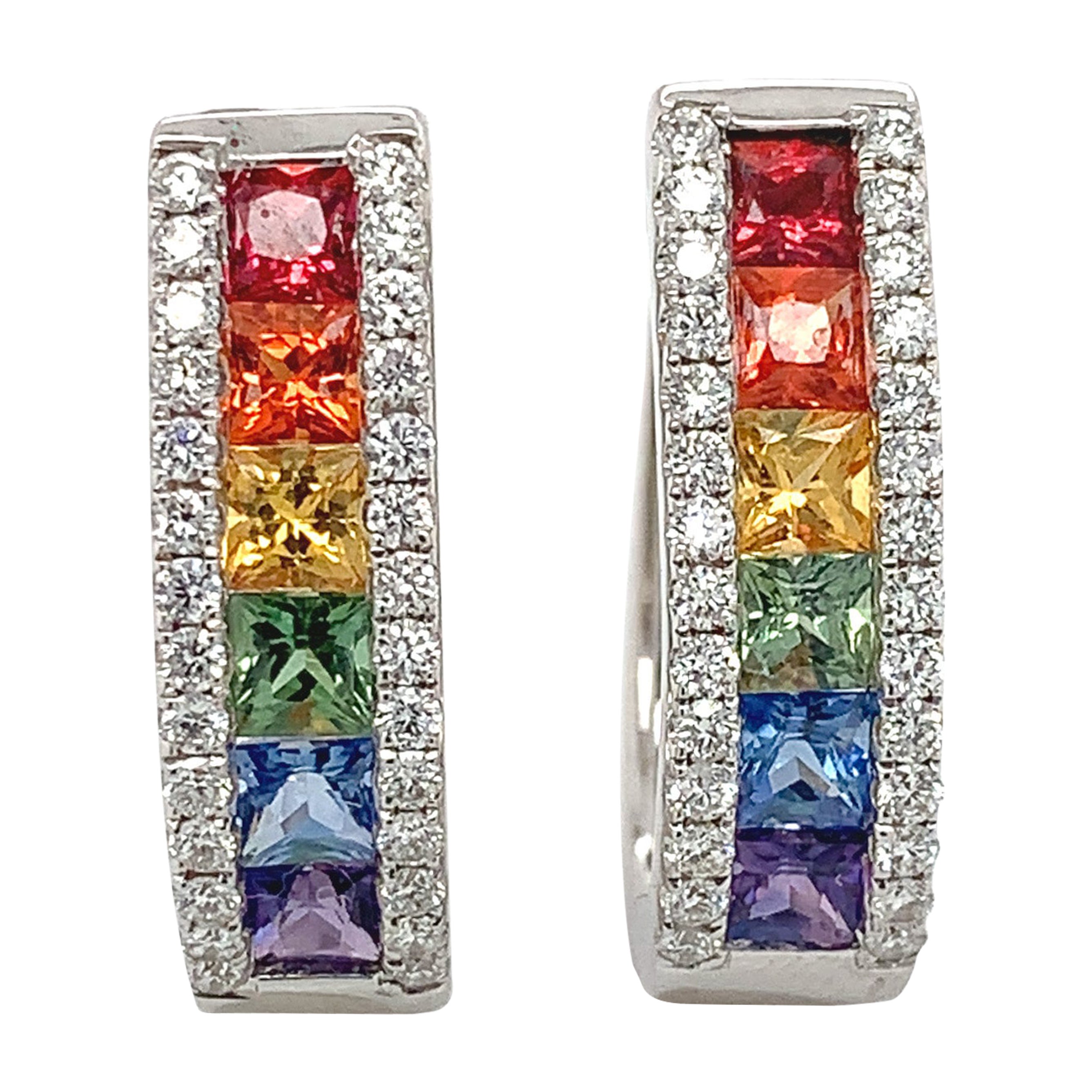 14K  White Gold Rainbow Sapphire & Diamond Oval Hoop Earrings