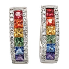 14K  White Gold Rainbow Sapphire & Diamond Oval Hoop Earrings