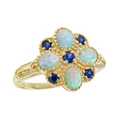 Natural Opal Blue Sapphire Vintage Style Floral Cluster Ring in Solid 9K Gold