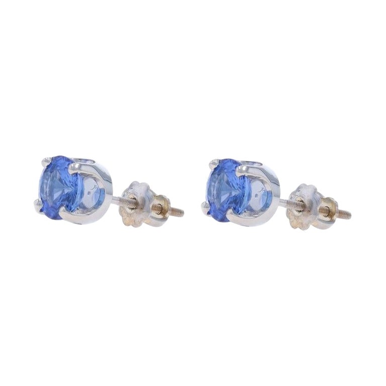 White Gold Sapphire Stud Earrings - 14k Round 1.94ctw Pierced