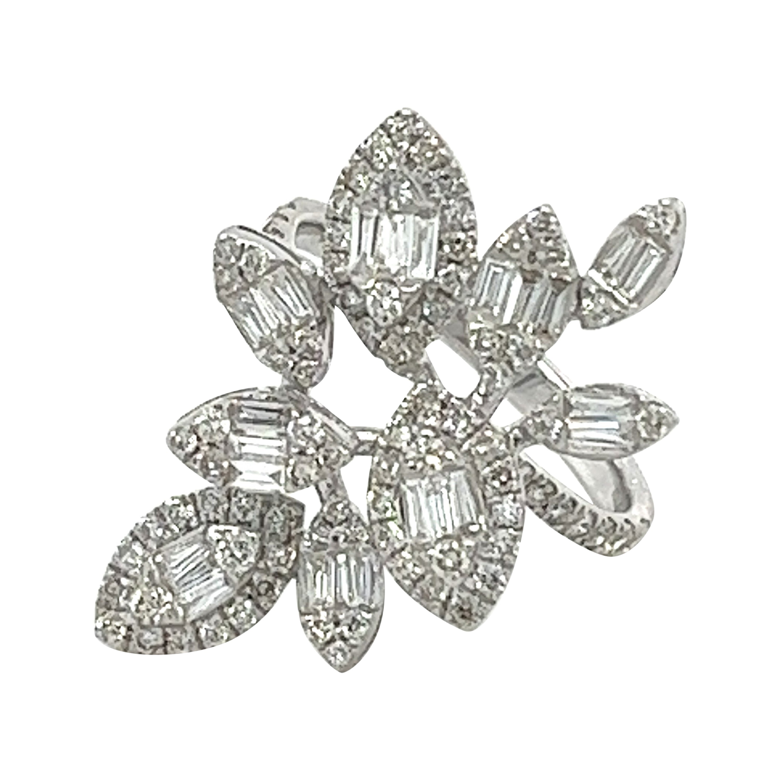 18K White Gold Diamond Leaf Ring For Sale