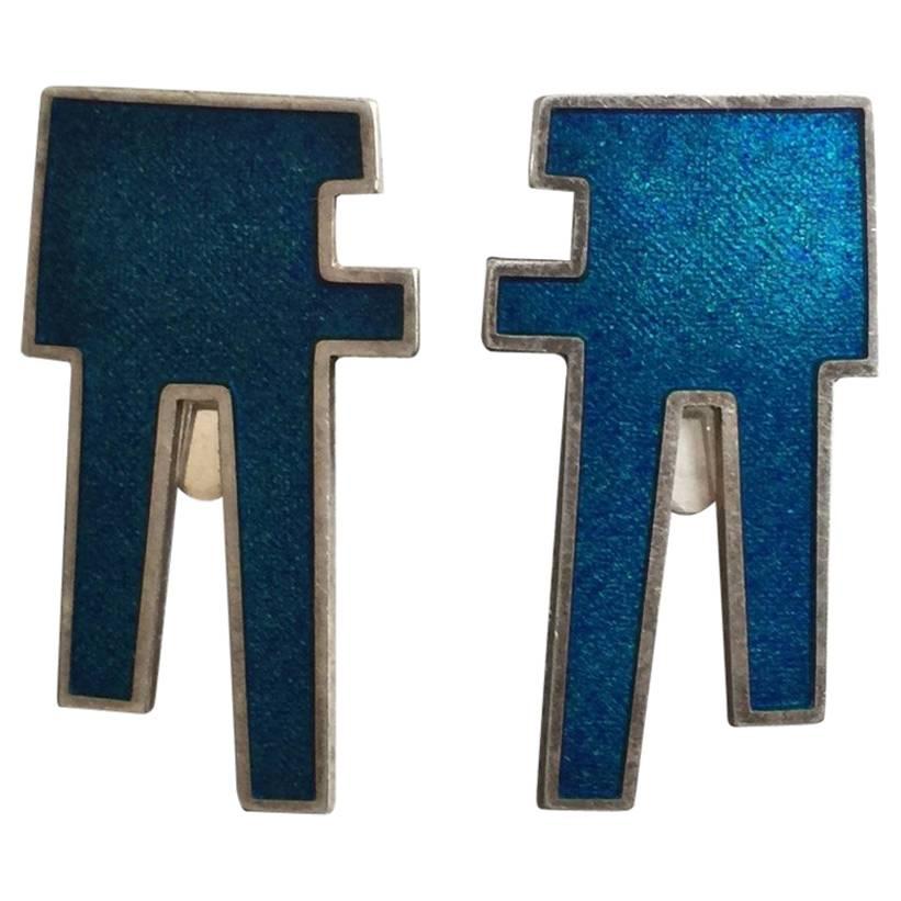 Georg Jensen Sterling Silver Clip-On Earrings with Blue Enamel No.132 by Bonne
