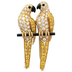Cartier Yellow and White Diamond Onyx Lovebirds Brooch