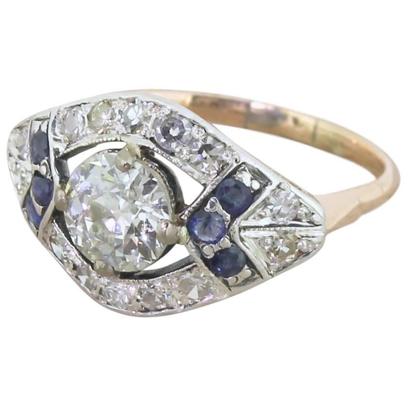 Art Deco 1.65 Carat Old Cut Diamond & Sapphire Cluster Ring For Sale