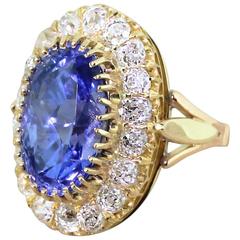 Edwardian 10.44 Carat Natural Ceylon Sapphire & Old Cut Diamond Cluster Ring