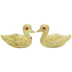 Gold Duck Cuff Links with Ruby Eyes