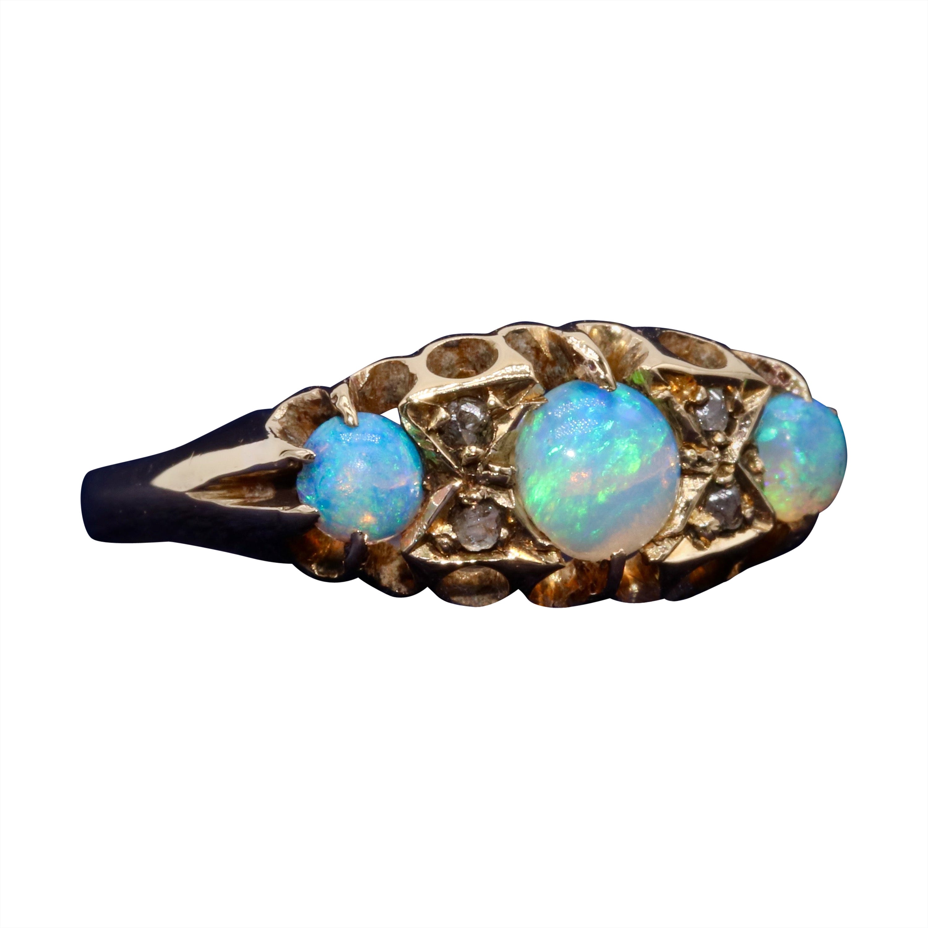 Antique 18K Yellow Gold 7 Stone White Opal and Diamond Ring For Sale
