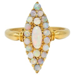 Victorian 1897 Opal Cabochon 18 Karat Yellow Gold Antique Navette Cluster Ring
