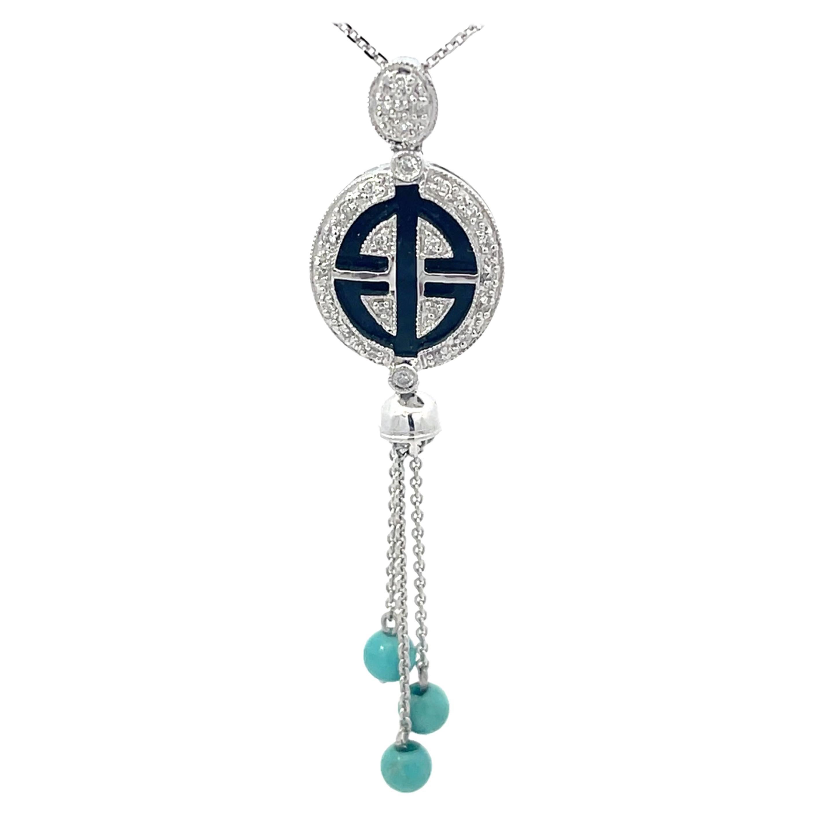 Diamond and Black Enamel Dangly Turquoise Necklace in 18k White Gold For Sale