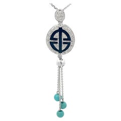 Vintage Diamond and Black Enamel Dangly Turquoise Necklace in 18k White Gold